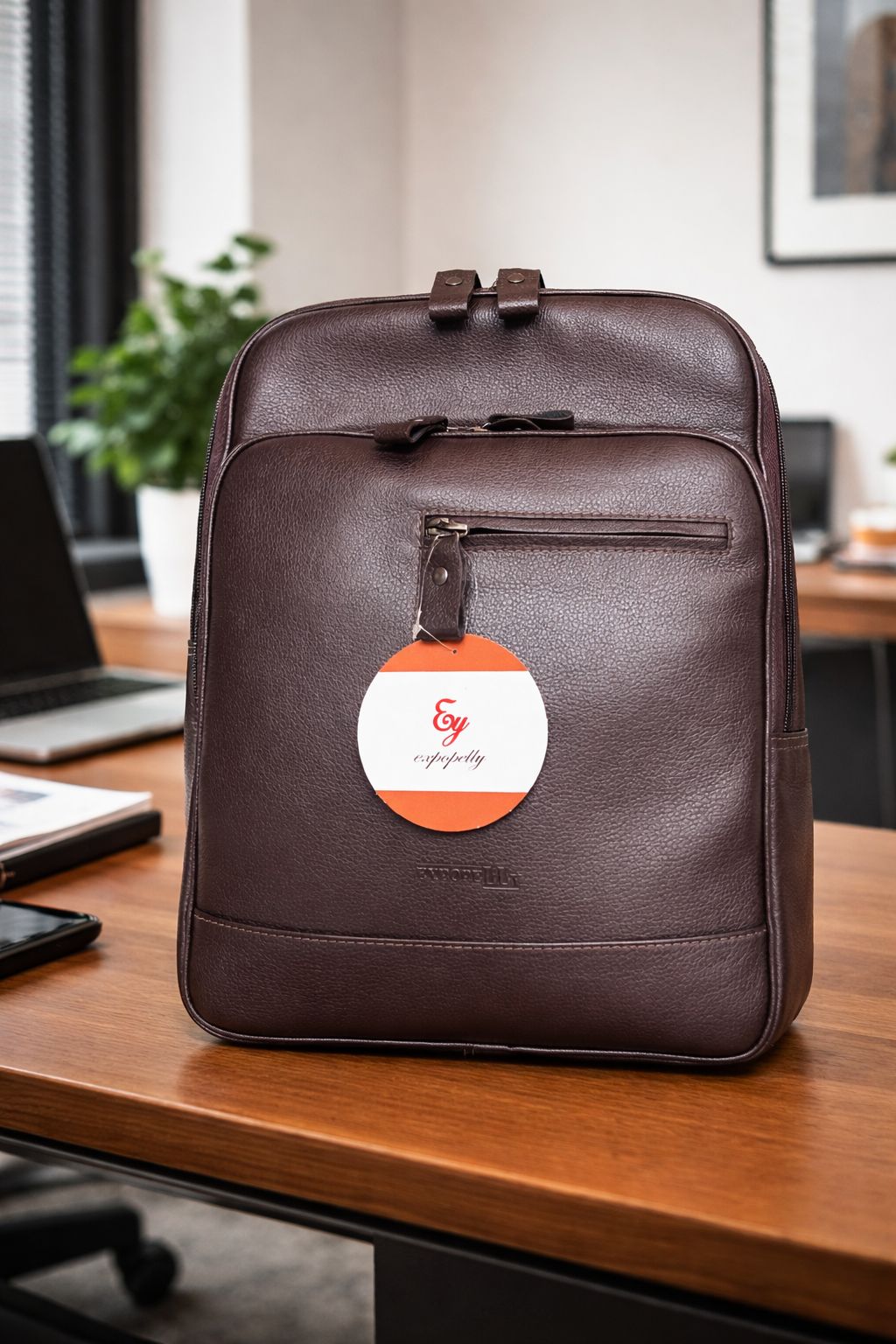 Mochila Expopelly em couro sobre mesa de escritório